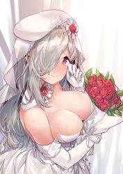 Rule 34 | 1girl, aningay, bare shoulders, blush, bouquet, breasts, bride, cleavage, closed mouth, collarbone, commentary, dress, elbow gloves, flower, from side, g36c (girls&#039; frontline), g36c (you who steps up) (girls&#039; frontline), girls&#039; frontline, gloves, grey hair, hair over one eye, highres, holding, holding bouquet, large breasts, long hair, looking at viewer, nose blush, official alternate costume, red eyes, revision, smile, solo, tears, upper body, wedding dress, white dress, white gloves