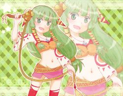 Rule 34 | 1girl, argyle, argyle background, argyle clothes, bad id, bad pixiv id, border, character name, doily, feena (grandia), game arts, grandia, grandia i, green background, green eyes, green hair, hair ornament, hair tubes, jewelry, kapitann, lace, lace border, long hair, low-tied long hair, matching hair/eyes, midriff, navel, necklace, ornate border, smile, solo, thighhighs, torn clothes, whip, wide sleeves, zoom layer