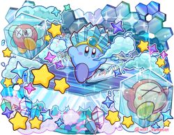 Rule 34 | alternate color, blue eyes, blush stickers, breath, bronto burt, commentary request, copy ability, frozen, hat, ice, ice cube, ice kirby, insect wings, kirby, kirby (series), kumaoka pon, nintendo, no humans, star (symbol), waddle dee, wings