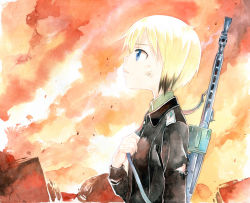Rule 34 | 00s, 1girl, agahari, animal ears, blonde hair, blood, blue eyes, cuts, dirt, erica hartmann, female focus, fire, gun, injury, looking up, multicolored hair, short hair, smoke, solo, strike witches, torn clothes, traditional media, uniform, weapon, world witches series
