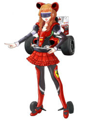 Rule 34 | 1girl, blush, boots, car, ferrari, formula one, frills, gacha-m, hand on own hip, highres, hip focus, juliet sleeves, long hair, long sleeves, orange hair, pantyhose, personification, product placement, puffy sleeves, race vehicle, racecar, solo, thigh boots, thighhighs, visor, wavy hair, wheel
