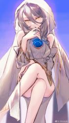Rule 34 | 1girl, bare shoulders, blue background, braid, chinese commentary, commentary request, covering own mouth, crossed legs, dress, feet out of frame, genderswap, genderswap (mtf), girls&#039; frontline, girls&#039; frontline neural cloud, gradient background, grey hair, hair between eyes, hair ornament, hair over shoulder, highres, hole in chest, hole on body, legs, long hair, looking at viewer, lord eosphoros (neural cloud), sanctifiers (neural cloud), solo, spoilers, veil, weibo watermark, white dress, yellow eyes, yumaomaomao