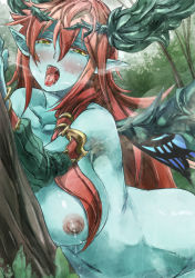 Rule 34 | 1girl, bad id, bad pixiv id, blush, breasts, butterfly wings, colored skin, fangs, green skin, hera-beorc (p&amp;d), hera (p&amp;d), horns, insect wings, lactation, large breasts, navel, nipples, pointy ears, puzzle &amp; dragons, red hair, saliva, solo, tongue, tongue out, wings, yohane