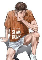 Rule 34 | 1boy, absurdres, ankle socks, brown eyes, brown hair, chamuring, english text, feet out of frame, highres, looking at viewer, male focus, miyagi ryouta, on ground, open mouth, orange shirt, shadow, shirt, shorts, sitting, slam dunk (series), socks, solo, toned, toned male, undercut, wavy hair, white background, white shorts, white socks, wiping mouth