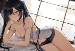 Rule 34 | 1girl, alternate costume, alternate eye color, bare shoulders, bed sheet, black hair, breasts, camisole, closed mouth, collarbone, genshin impact, grey eyes, highres, long hair, looking at viewer, maya (gpmp3825), medium breasts, mona (genshin impact), navel, short shorts, shorts, smile, solo, strap slip, thighs, twintails, window