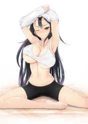 Rule 34 | 1girl, armpits, barefoot, black hair, black shorts, blush, bra, breasts, brown eyes, cleavage, closed mouth, clothes lift, covered erect nipples, hair between eyes, highres, huge breasts, liangfen, lifted by self, long hair, navel, nose blush, one eye closed, original, shirt, shirt lift, shorts, sitting, solo, sports bra, underwear, undressing, very long hair, wavy mouth, white bra, white shirt
