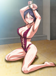 Rule 34 | 10s, 1girl, anime coloring, armpits, arms up, barefoot, bdsm, black hair, blue hair, blush, bondage, bound, bound wrists, breasts, casual one-piece swimsuit, center opening, cleavage, closed mouth, covered erect nipples, cross-laced clothes, crossed arms, embarrassed, feet, female focus, folded ponytail, from side, full body, glasses, groin, highleg, highleg swimsuit, indoors, kneeling, large breasts, legs, looking at viewer, monteriakitto, navel, on floor, one-piece swimsuit, purple eyes, purple one-piece swimsuit, red-framed eyewear, restrained, ridget (suisei no gargantia), rope, semi-rimless eyewear, shadow, short hair, sideboob, skindentation, solo, spread legs, strap gap, suisei no gargantia, swept bangs, swimsuit, under-rim eyewear