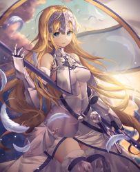 Rule 34 | 1girl, :d, absurdres, armor, armored boots, armored dress, banner, blonde hair, blue eyes, blue sky, blue thighhighs, boots, breasts, breasts apart, chain, cloud, day, dress, fate/apocrypha, fate (series), feathers, floating hair, fur trim, highres, holding, holding weapon, jeanne d&#039;arc (fate), jeanne d&#039;arc (ruler) (fate), jeanne d&#039;arc (third ascension) (fate), kinty, long hair, looking at viewer, open mouth, outdoors, sheath, sheathed, sky, sleeveless, sleeveless dress, smile, solo, sword, thighhighs, very long hair, weapon, white dress, white feathers