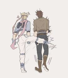 Rule 34 | 2boys, anger vein, battle tendency, blonde hair, blue jacket, boots, brown hair, caesar anthonio zeppeli, cropped jacket, denim, fingerless gloves, from behind, full body, gloves, green scarf, headband, highres, jacket, jeans, jojo no kimyou na bouken, joseph joestar, joseph joestar (young), male focus, midriff, multiple boys, pants, pink scarf, scarf, standing, striped clothes, striped scarf, surprised, triangle print, zhoujo51