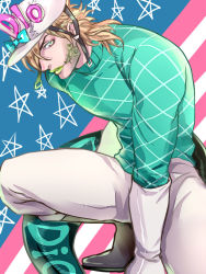 Rule 34 | 1boy, american flag, atsuyu, bad id, bad pixiv id, blonde hair, boots, diego brando, gloves, green lips, green shirt, hat, jojo no kimyou na bouken, lipstick, makeup, male focus, scales, scary monsters (stand), shirt, short hair, solo, stand (jojo), steel ball run, sweater, tail, turtleneck