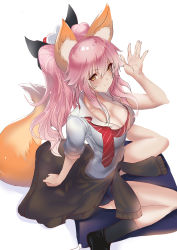 Rule 34 | 10s, 1girl, animal ear fluff, animal ears, blush, breasts, carbon (geschutz), cleavage, clothes around waist, collarbone, fate/extella, fate/extra, fate (series), fox ears, fox tail, highres, large breasts, long hair, looking at viewer, necktie, official alternate costume, open clothes, pink hair, school uniform, shirt, simple background, sitting, skirt, smile, solo, sweater, sweater around waist, tail, tamamo (fate), tamamo no mae (fate/extra), tamamo no mae (jk) (fate), twintails, white background, yellow eyes