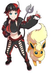 Rule 34 | 1girl, absurdres, black footwear, black hair, black jacket, black pants, black sports bra, blue eyes, blush, breasts, chain, commentary request, creatures (company), cropped jacket, cross-laced pants, demon girl, demon horns, demon tail, ear chain, ear piercing, flareon, full body, game freak, gen 1 pokemon, grin, highres, holding, holding poke ball, horns, jacket, large breasts, looking at viewer, meotora tempura, midriff, multicolored hair, nanashi inc., navel, nintendo, open clothes, open jacket, pants, piercing, pointy ears, poke ball, pokemon, pokemon (creature), red hair, ryugasaki rene, ryugasaki rene (1st costume), shoes, short hair, simple background, smile, sneakers, sports bra, standing, sugar lyric, tail, two-tone hair, two-tone sports bra, underboob, virtual youtuber, white background, zipper