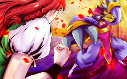 Rule 34 | 2girls, absurdres, bad deviantart id, bad id, blue skin, breasts, capcom, cleavage, cleavage cutout, clothing cutout, colored skin, crossover, fighting stance, hat, highres, hong meiling, jiangshi, lei lei, long hair, medium breasts, miandni, multiple girls, niandni, petals, purple hair, qingdai guanmao, red eyes, red hair, touhou, vampire (game), yellow eyes