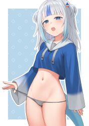 Rule 34 | 1girl, :o, blue background, blue eyes, blue hair, blue hoodie, blunt bangs, border, breasts, commentary request, cowboy shot, cropped hoodie, drawstring, fingernails, fins, fish tail, gawr gura, gawr gura (1st costume), grey hair, grey panties, hair ornament, highres, hololive, hololive english, hood, hoodie, light blush, long sleeves, looking at viewer, medium breasts, multicolored hair, navel, no pants, nzmtarou, open mouth, outside border, panties, shark girl, shark hair ornament, shark tail, sharp teeth, sidelocks, sleeves past wrists, small breasts, solo, stomach, strap pull, streaked hair, tail, teeth, two side up, underwear, virtual youtuber, white border, wide sleeves