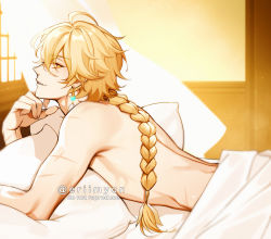 Rule 34 | 1boy, aether (genshin impact), bare back, bare shoulders, blonde hair, braid, commentary, english commentary, eriimyon, genshin impact, highres, indoors, looking to the side, male focus, open mouth, pillow, short hair with long locks, single braid, smile, solo, under covers, yellow eyes