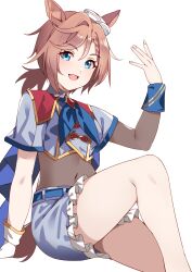 Rule 34 | 1girl, animal ears, belt, blue eyes, blue neckerchief, blush, braid, breasts, brown shirt, commentary request, cowboy shot, cropped jacket, crossed legs, dixie cup hat, ears through headwear, gloves, hand up, hat, highres, horse ears, horse girl, jacket, looking at viewer, military hat, mini hat, miya star saa, neckerchief, open mouth, pink hair, shirt, shirt tucked in, short hair, shorts, simple background, single braid, single glove, single sleeve, small breasts, smile, solo, umamusume, venus paques (umamusume), white background, white gloves, white jacket, white shorts