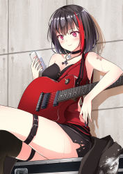 Rule 34 | 1girl, against wall, arm rest, armpits, bang dream!, bare shoulders, black choker, black corset, black hair, black jacket, black shorts, blush, breasts, cellphone, choker, commentary request, corset, crossed legs, electric guitar, female focus, guitar, highres, holding, holding phone, instrument, iphone, jacket, unworn jacket, jewelry, lips, looking at phone, medium breasts, mitake ran, multicolored hair, necklace, phone, plectrum, red eyes, red hair, red tank top, short hair, shorts, single bare shoulder, single thighhigh, sitting, smartphone, smile, solo, streaked hair, sweat, tachiuki (756412), tank top, tattoo, thigh strap, thighhighs, torn clothes