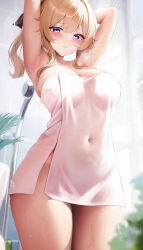 Rule 34 | 1girl, armpits, arms up, blonde hair, blue eyes, blush, breasts, cleavage, covered navel, fantongjun, genshin impact, half-closed eyes, highres, jean (genshin impact), large breasts, long hair, looking at viewer, naked towel, parted lips, ponytail, sidelocks, solo, thighs, towel, wet