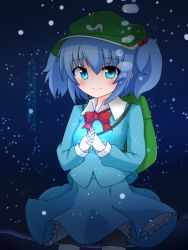 Rule 34 | 1girl, bad id, bad pixiv id, blue background, blue eyes, blue hair, blush, bubble, glowing, hair bobbles, hair ornament, hat, houkiboshi, interlocked fingers, kawashiro nitori, key, light smile, looking at viewer, own hands together, short hair, skirt, skirt set, touhou, two side up, underwater