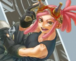 Rule 34 | 1girl, black gloves, black tank top, boku no hero academia, crosshair pupils, gloves, goggles, goggles on head, hatsume mei, highres, holding, holding wrench, looking at viewer, open mouth, partially fingerless gloves, pink hair, ponytail, solo, tank top, wrench, yellow eyes, yomoyama yotabanashi