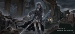 Rule 34 | 1girl, :d, absurdres, blue eyes, closed mouth, commentary request, commission, frown, garter straps, grey hair, grey skirt, highres, holding, holding sword, holding weapon, long hair, looking at viewer, open mouth, original, ph., rain, ruins, second-party source, signature, skirt, smile, solo, sword, thighhighs, weapon, wet, wet clothes, white-haired girl (asylum), white thighhighs