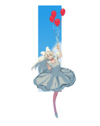 Rule 34 | 1girl, :d, absurdres, balloon, blonde hair, blue eyes, blue sky, bow, cloud, dress, floating, hair bow, highres, holding, holding balloon, long hair, looking at viewer, midair, open mouth, original, potatomochii, sky, smile, solo, white bow, white dress