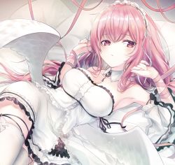 Rule 34 | 1girl, azur lane, breasts, cleavage, detached collar, detached sleeves, dress, frilled dress, frills, fukuzawa yukichi (egoist867), hair over shoulder, highres, key, large breasts, long hair, looking at viewer, low wings, lying, maid headdress, on back, parted lips, perseus (azur lane), pink hair, red eyes, ribbon, sidelocks, solo, strapless, strapless dress, thighhighs, white dress, white thighhighs, white wings, wings