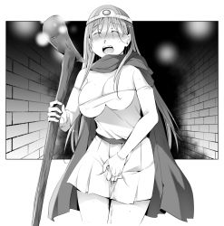 Rule 34 | 1girl, ^ ^, bare shoulders, between legs, blush, boku (akamedou), breasts, brick wall, bridal gauntlets, cape, cleavage, closed eyes, covered erect nipples, cowboy shot, dragon quest, dragon quest iii, earrings, elbow gloves, embarrassed, female focus, gloves, greyscale, hand between legs, hand up, have to pee, holding, holding staff, indoors, jewelry, large breasts, long hair, miniskirt, monochrome, nose blush, open mouth, pee, peeing, peeing self, pleated skirt, sage (dq3), shirt, sidelocks, skindentation, skirt, solo, square enix, staff, standing, strapless, strapless shirt, sweat, teeth, tiara, wet, wet clothes