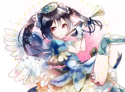 Rule 34 | 10s, 1girl, argyle, argyle clothes, argyle legwear, black hair, blue gloves, bow, dress, gloves, hair bow, instrument, long hair, looking at viewer, love live!, love live! school idol festival, love live! school idol project, red eyes, short dress, solo, star (symbol), thighhighs, trumpet, twintails, wings, yazawa nico, yukinokoe