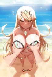 Rule 34 | 1girl, absurdres, awesomeerix, blonde hair, breasts, chest jewel, gem, grabbing, grabbing another&#039;s breast, headpiece, highres, large breasts, long hair, mythra (radiant beach) (xenoblade), mythra (xenoblade), one-piece swimsuit, rex (xenoblade), ribbed swimsuit, strapless, strapless one-piece swimsuit, striped clothes, striped one-piece swimsuit, swept bangs, swimsuit, tiara, vertical-striped clothes, vertical-striped one-piece swimsuit, very long hair, white one-piece swimsuit, xenoblade chronicles (series), xenoblade chronicles 2, yellow eyes