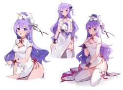 Rule 34 | 1girl, absurdres, azur lane, blush, breast suppress, breasts, bun cover, china dress, chinese clothes, cleavage cutout, clothing cutout, covered navel, cropped legs, dress, hair bun, hair ornament, hair ribbon, hairclip, highres, kneeling, long hair, looking at viewer, multiple views, nail polish, no panties, one side up, open mouth, pelvic curtain, purple eyes, purple hair, purple nails, ribbon, short sleeves, side bun, simple background, single hair bun, single side bun, skirt hold, stuffed animal, stuffed toy, stuffed unicorn, thighhighs, two-sided fabric, unicorn (azur lane), unicorn (the gift of spring) (azur lane), very long hair, white background, white dress, white thighhighs, wrist cuffs, yayako (804907150)