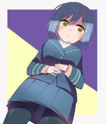 Rule 34 | 1girl, black pantyhose, blue hair, blue jacket, blue skirt, border, breasts, closed mouth, commentary request, cowboy shot, expressionless, from below, grey border, jacket, large breasts, long sleeves, looking down, nijisanji, pantyhose, purple background, purple neckwear, school uniform, shizuka rin, short hair, skirt, solo, sou (tuhut), two-tone background, virtual youtuber, yellow background, yellow eyes