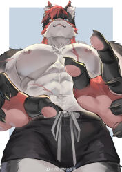 Rule 34 | 1boy, abs, absurdres, bara, barbell piercing, bulge, cat boy, dylan (bingdylans), foreshortening, from below, furry, furry male, highres, large pectorals, looking at viewer, male focus, muscular, muscular male, navel, navel hair, nipples, original, outstretched hand, pectorals, piercing, reaching, reaching towards viewer, sanpaku, scar, scar on face, scar on mouth, seductive smile, short hair, short shorts, shorts, smile, solo, stomach, thick eyebrows, thick navel hair, thick thighs, thighs, topless male