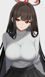 Rule 34 | 1girl, black hair, black skirt, blue archive, blunt bangs, breasts, hair ornament, hairclip, halo, highres, large breasts, long hair, looking at viewer, pleated skirt, red eyes, rio (blue archive), skirt, solo, surippa1010, sweater, turtleneck, turtleneck sweater, very long hair, white background, white sweater