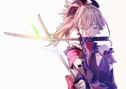 Rule 34 | 1girl, asymmetrical hair, bare shoulders, blue eyes, blue kimono, closed eyes, detached sleeves, dual wielding, earrings, fate/grand order, fate (series), fighting stance, hair ornament, holding, holding sword, holding weapon, japanese clothes, jewelry, katana, kimono, leaf print, maple leaf print, miyamoto musashi (fate), miyamoto musashi (second ascension) (fate), obi, pink hair, ponytail, sash, short kimono, sleeveless, sleeveless kimono, solo, sword, tsengyun, unsheathed, weapon