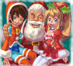 Rule 34 | 1girl, 2boys, breasts, buckle, capcom, christmas, dr. light (mega man), dress, facing viewer, fur-trimmed dress, fur trim, hat, high ponytail, hood, hood up, laughing, legs together, looking at viewer, mega man (character), mega man (classic), mega man (series), multiple boys, old, old man, red skirt, roll (mega man), santa costume, santa hat, short dress, sitting, sitting on lap, sitting on person, skinny, skirt, small breasts, smile, thighhighs, white beard, white facial hair, wide sleeves