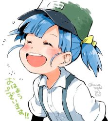 Rule 34 | 10s, 1girl, :d, blue hair, blush, closed eyes, hair ribbon, happy, hat, kano (coyotehunt), kantai collection, lowres, ooshio (kancolle), open mouth, ribbon, smile, solo, suspenders, teeth, translated, twintails, twitter username, upper body, white background