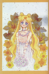 Rule 34 | 1990s (style), 1girl, :d, arm ribbon, bare shoulders, bishoujo senshi sailor moon, blonde hair, blue eyes, blush, border, bouquet, choker, collarbone, cowboy shot, daisy, double bun, dress, drill hair, earrings, floral background, flower, flower earrings, hair bun, head tilt, holding, holding bouquet, holding flower, jewelry, long hair, looking at viewer, official art, open mouth, parted bangs, retro artstyle, ribbon, sleeveless, sleeveless dress, smile, solo, standing, takeuchi naoko, tareme, tsukino usagi, twintails, very long hair, wavy hair, white dress, white ribbon