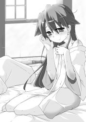 Rule 34 | 10s, 1girl, blanket, blush, breasts, greyscale, houshou (kancolle), isshitaira, japanese clothes, kantai collection, long hair, looking at viewer, monochrome, open clothes, open shirt, personification, ponytail, shirt, small breasts, smile, solo, sweat