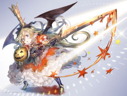 Rule 34 | 10s, 1girl, :o, armor, armored boots, bat wings, black wings, blonde hair, blue eyes, boots, bow, bowtie, breastplate, charlotta (granblue fantasy), crown, dress, frilled dress, frills, full body, gauntlets, granblue fantasy, grey bow, hair between eyes, hair ornament, holding, holding sword, holding weapon, huge weapon, jack-o&#039;-lantern, legs apart, long hair, motion lines, open mouth, orange dress, pointy ears, print dress, puffy short sleeves, puffy sleeves, red dress, revision, shield, short sleeves, solo, sparkle, standing, star (symbol), sword, very long hair, weapon, wings, yuugen