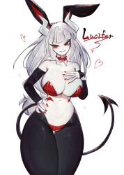 Rule 34 | 1girl, animal ears, breasts, cleavage, collar, curvy, demon girl, demon horns, demon tail, fake animal ears, hand on own chest, hand on own hip, heart, helltaker, highres, horns, huge breasts, inner sideboob, large breasts, leotard, long hair, looking at viewer, lucifer (helltaker), midriff, mole, mole under eye, navel, pale skin, playboy bunny, rabbit ears, red collar, red eyes, revealing clothes, seductive smile, sideboob, smile, tail, thick thighs, thighs, togetoge, white hair, wide hips