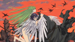 Rule 34 | 00s, bird, c.c., clamp, code geass, from side, highres, lelouch vi britannia, long hair, outdoors, torn clothes, very long hair, winged arms, wings