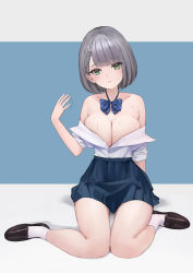 Rule 34 | 1girl, anouetto, arm behind back, bare shoulders, black skirt, blue bow, blue bowtie, blunt bangs, blush, bow, bowtie, braid, breasts, brown footwear, cleavage, collarbone, dress shirt, eyelashes, fanning face, fanning self, green eyes, grey hair, highres, hololive, hot, large breasts, loafers, looking at viewer, miniskirt, no bra, off shoulder, open clothes, open shirt, parted lips, pleated skirt, school uniform, shirogane noel, shirogane noel (school uniform), shirt, shoes, short sleeves, side braid, sitting, skindentation, skirt, socks, solo, striped bow, striped bowtie, striped clothes, sweat, virtual youtuber, wariza, white shirt, white socks, wing collar