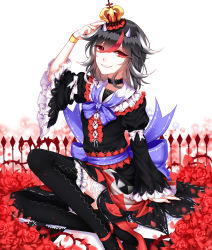 Rule 34 | 1girl, adapted costume, adjusting clothes, adjusting headwear, alternate color, arm garter, arm support, bad id, bad pixiv id, black dress, black hair, black thighhighs, bow, bracelet, checkered floor, choker, crown, dress, flower, frilled choker, frilled dress, frilled sleeves, frilled thighhighs, frills, gothic lolita, grey horns, grin, hat, high heels, highres, horns, jewelry, juliet sleeves, kijin seija, lolita fashion, long sleeves, looking at viewer, multicolored hair, puffy sleeves, purple bow, purple ribbon, red eyes, red flower, red footwear, red hair, red rose, ribbon, ribbon-trimmed legwear, ribbon trim, rose, sash, sheya, shoes, short dress, short hair, sitting, smile, solo, streaked hair, thighhighs, touhou, white bow, white hair, wide sleeves, zettai ryouiki