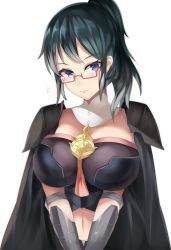 Rule 34 | 1girl, absurdres, alternate hairstyle, bespectacled, black cape, blue eyes, blue hair, breasts, byleth (female) (fire emblem), byleth (fire emblem), cape, closed mouth, fire emblem, fire emblem: three houses, glasses, highres, large breasts, navel, nintendo, ponytail, red-framed eyewear, simple background, solo, tiamat (momokuri mannen), upper body, white background
