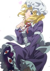 Rule 34 | 1girl, blonde hair, breasts, buttons, center frills, dress, frilled dress, frills, gyouza (mhea5724), hat, highres, long sleeves, maribel hearn, medium breasts, mob cap, open mouth, purple dress, purple eyes, red ribbon, ribbon, short hair, simple background, solo, touhou, white background, white hat