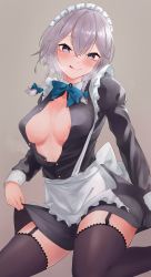 Rule 34 | 1girl, absurdres, apron, areola slip, bad id, bad pixiv id, braid, breasts, cleavage, clothes lift, dress, frilled apron, frills, garter straps, highres, izayoi sakuya, large breasts, licking lips, looking at viewer, maid, maid apron, maid headdress, naughty face, silver hair, skirt, skirt lift, solo, steam, steam from mouth, tabey0u, thighhighs, tongue, tongue out, touhou, twin braids, unbuttoned, unbuttoned shirt, zettai ryouiki