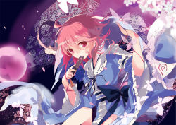 Rule 34 | 1girl, ahoge, blue bow, blue hat, blue kimono, bow, bug, butterfly, cherry blossoms, commentary request, covered mouth, covering own mouth, frilled kimono, frills, hand fan, hat, insect, japanese clothes, kimono, looking at viewer, mob cap, neck ribbon, obi, petals, pink eyes, pink hair, ribbon, saigyouji yuyuko, saigyouji yuyuko&#039;s fan design, sash, solo, tetsurou (fe+), touhou, triangular headpiece, unworn hat, unworn headwear