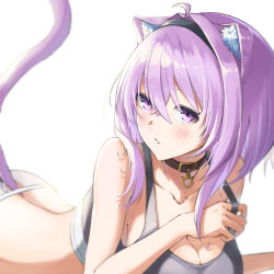 Rule 34 | 1girl, animal ears, breasts, cat ears, cat tail, cleavage, highres, hololive, hz (helu 2), large breasts, looking at viewer, lying, nekomata okayu, on stomach, purple eyes, purple hair, solo, tail, virtual youtuber