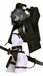 Rule 34 | 1girl, ahoge, arms up, belt, black coat, black gloves, black hair, black mask, blunt bangs, coat, gloves, grey background, highres, katana, looking at viewer, mask, medium hair, mouth mask, navel, open clothes, open coat, original, pouch, red eyes, scabbard, sheath, sheathed, simple background, sketch, solo, sword, taak choi, thigh pouch, thigh strap, weapon